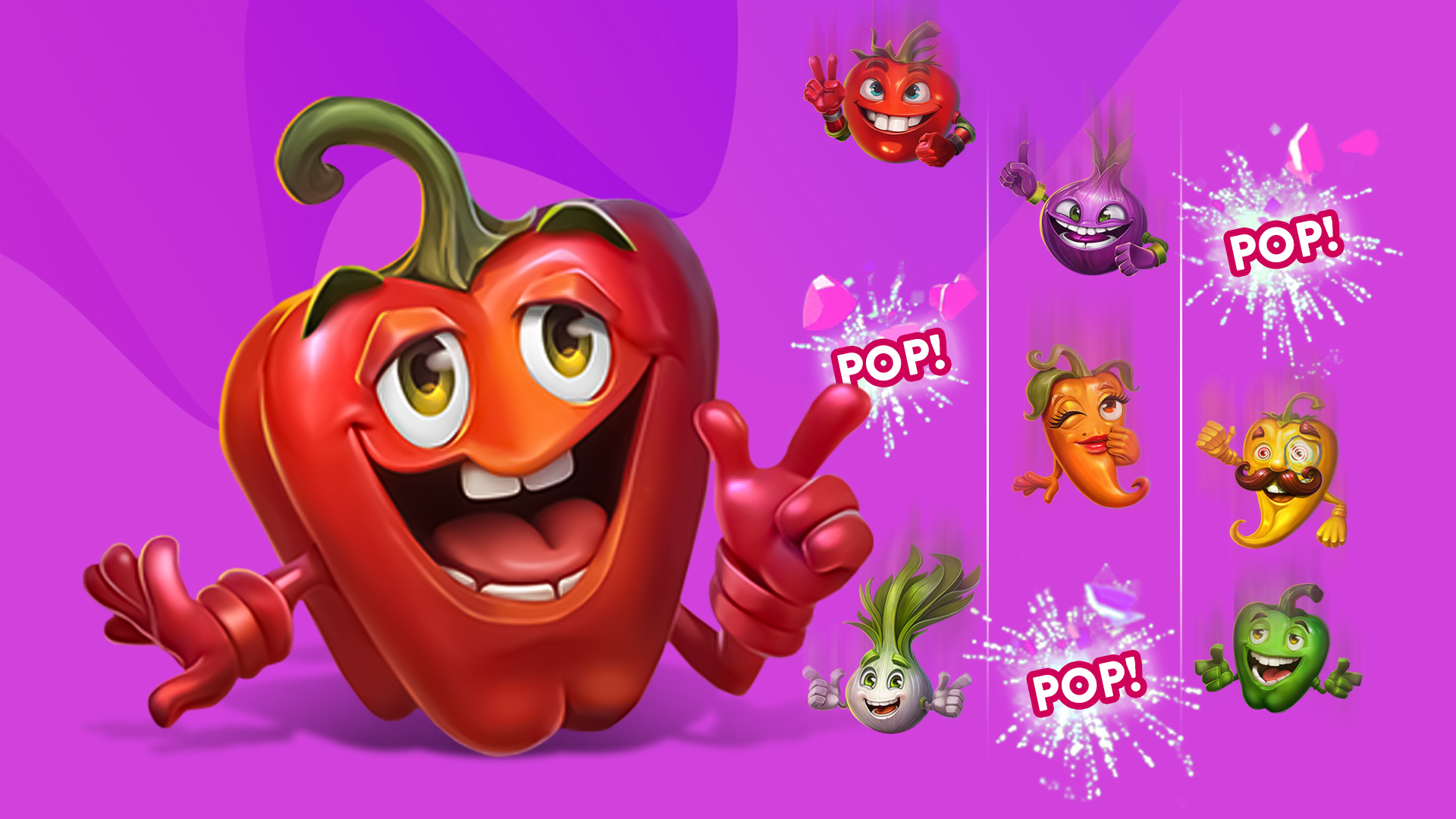 On a purple background, a red bell pepper points to three rows of various vegetables popping off the line.