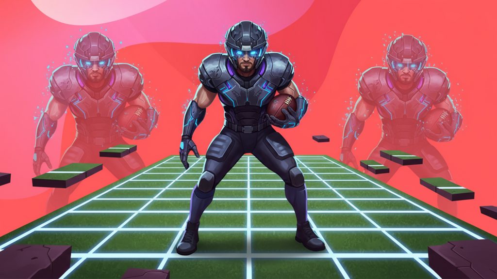 One football player is in the center of two player holographs on a pink background with a green field and a white grid.