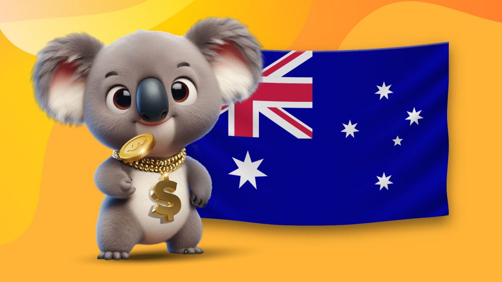 With an orange-yellow background, there’s a cute koala flipping a gold coin with gold bling around its neck, next to an Australian flag.
