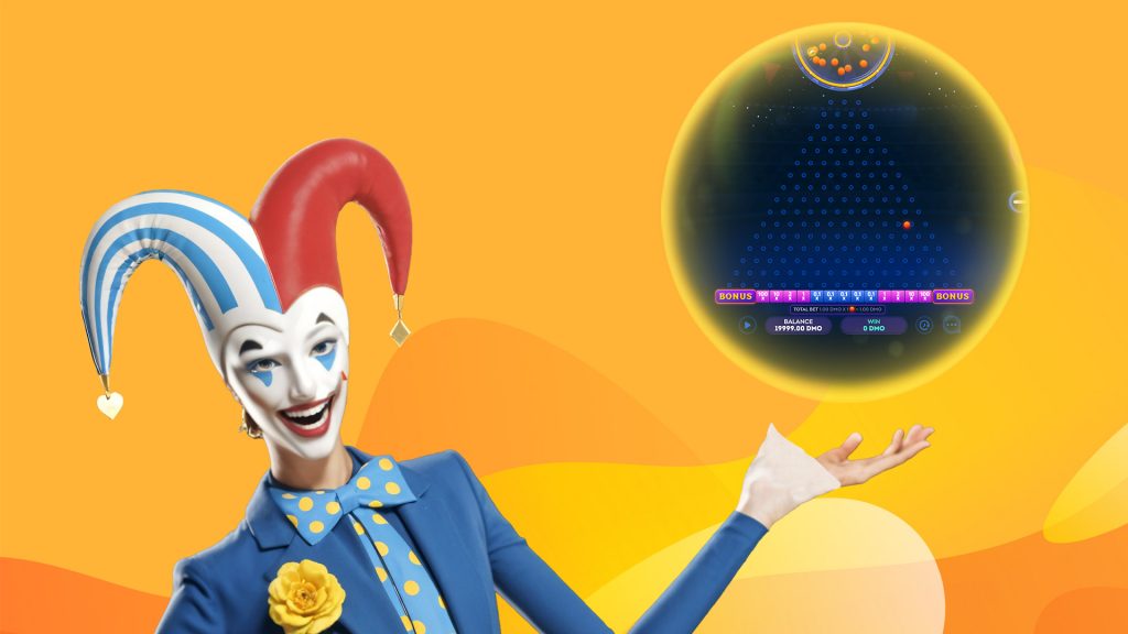 On a yellow background, a joker with a blue/white and red jester hat points to a plinko game within a glowing yellow orb.