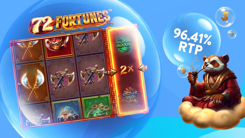 The game 72 Fortunes spins to the left of a red panda smoking a pipe, and a bubble with “96.41% RTP” is displayed in white.