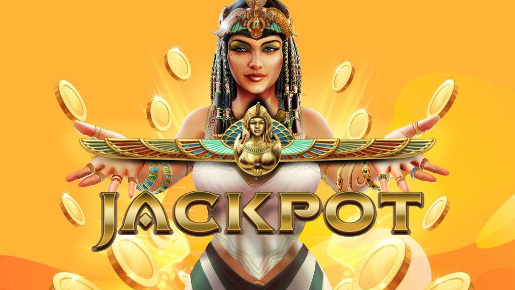 Cleopatra presents gold block letters that say, “JACKPOT,” with gold coins floating around her on a yellow and gold background.