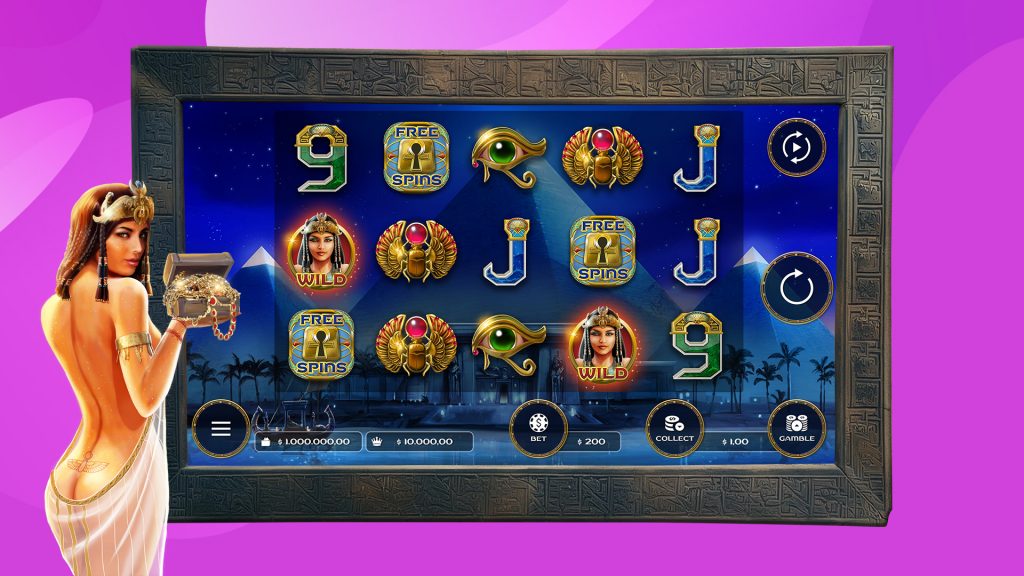 Cleo, scantily clad and cradling a heaping pile of jewels, shows us her slot game in action on top of a light purple background.