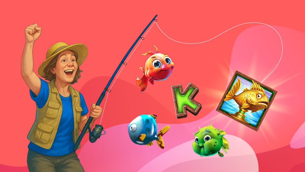 On a pink background, a fisher reels in a yellow fish slot symbol amidst a sea of orange, blue, and green fish and one green K.