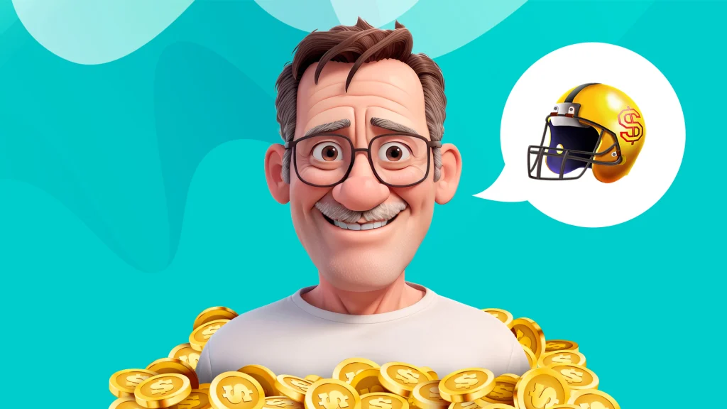 A 3D cartoon male with a grey mustache in a pile of coins, with a helmet symbol adjacent.
