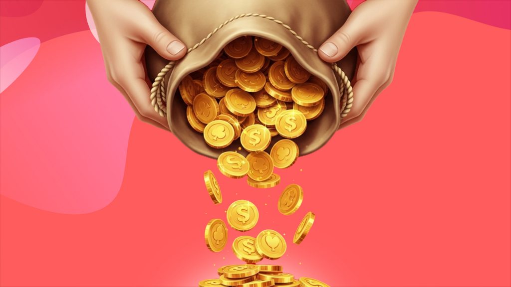 Gold coins tumble out of a gold bag on a pink background, held by two hands.