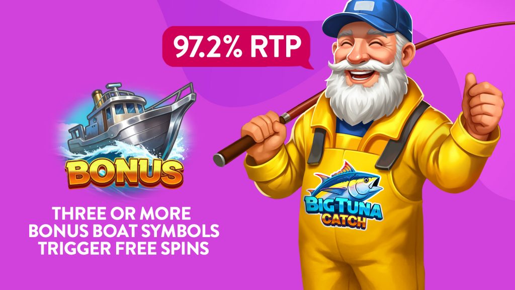 Happy fisherman character with fishing rod and tuna logo, bonus boat triggers free spins with 97.2% RTP.