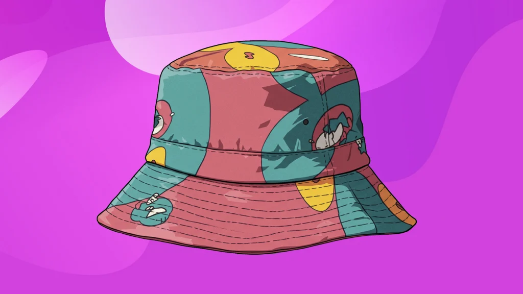 We see a purple image with a colorful bucket hat in the center.