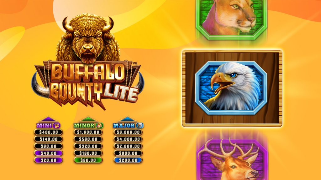 On a yellow background, the jackpot amounts, the main symbols and the logo of the slot Buffalo Bounty Lite are shown.
