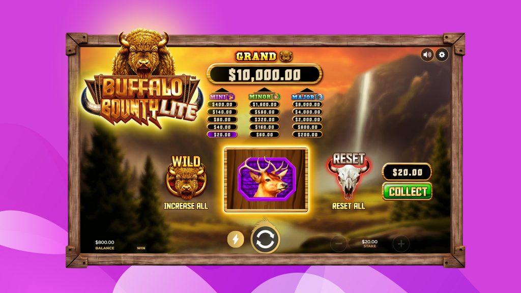 The game Golden Buffalo Lite is in action with the scene of a rocky nature background and a waterfall, all in a light purple image.