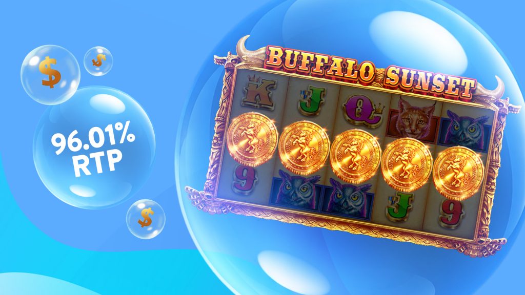 On a blue background, the Buffalo Sunsnet slot spins to the right of a bubble showing 96.01% RTP and dollar signs.