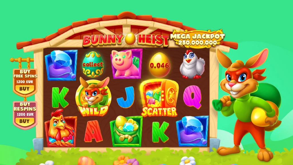 “Bunny Heist” is shown in action on a lime green background, with a bunny bandit to the right holding a golden egg and the game’s Mega Jackpot displayed on the top right.