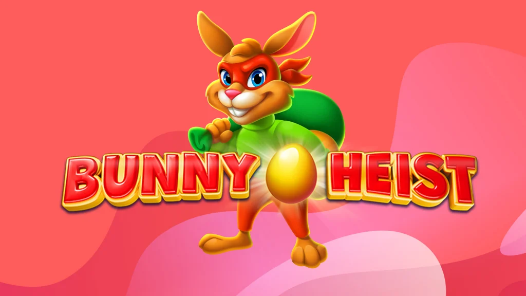 A sinister-looking cartoon bunny rabbit has a red mask and a green sack slung over its shoulder on a pink background. In front of it is red text that says, “Bunny Heist.”