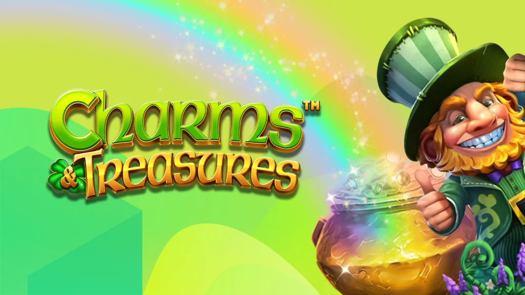 A traditional Irish leprechaun is sticking his thumb up, a rainbow and a pot of gold also feature next to the logo for the online slot, Charms & Treasures.