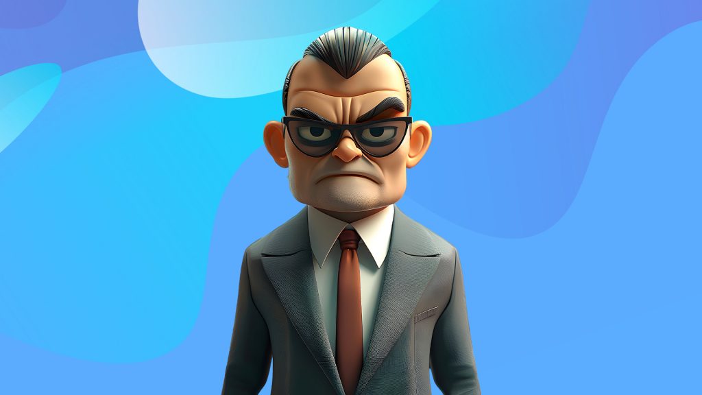 In a blue image, a stern man with glasses and a tux stands forbodingly in the center.