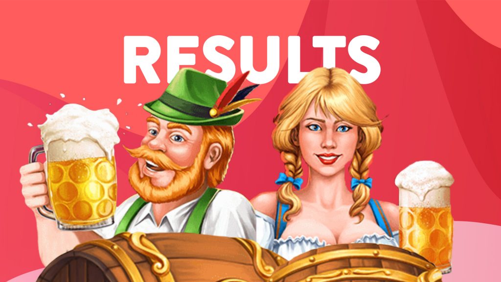 With a red background, a block of text reads ‘Results’ over a man and woman in traditional German clothes drinking frothy beers.