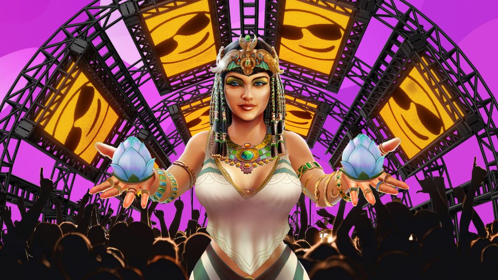 A dance festival on a purple background is shown behind Cleo holding two closed lotus flowers. 