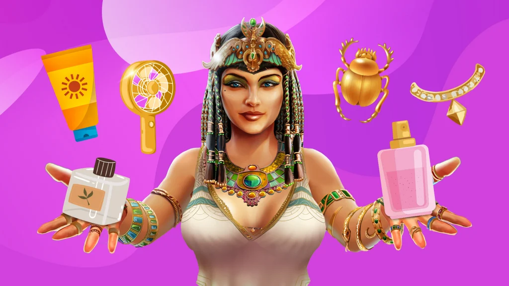 Cleo faces us in the center of the image with her hands held out, and in her palms are a spritz bottle and fragrant oil, and behind her are sunscreen, a handheld fan, a scarab, and a gold necklace.