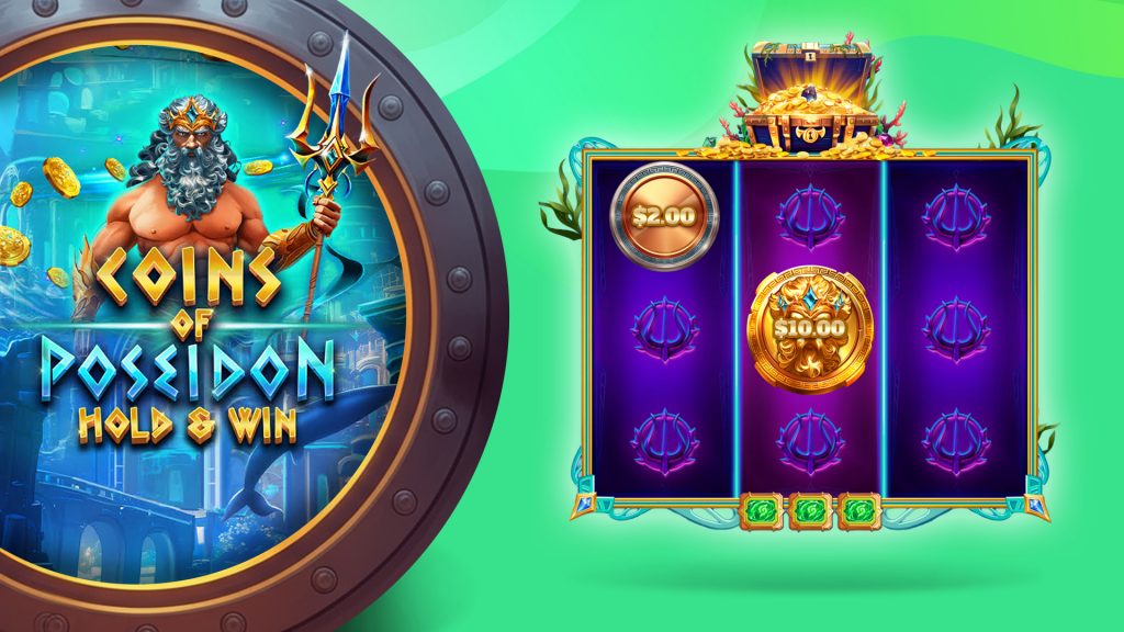 On a mint-green background, Poseidon holds his staff within an open vault, and behind text that says “Coins of Poseidon Hold and Win.” To the right is a hold and win game in action.