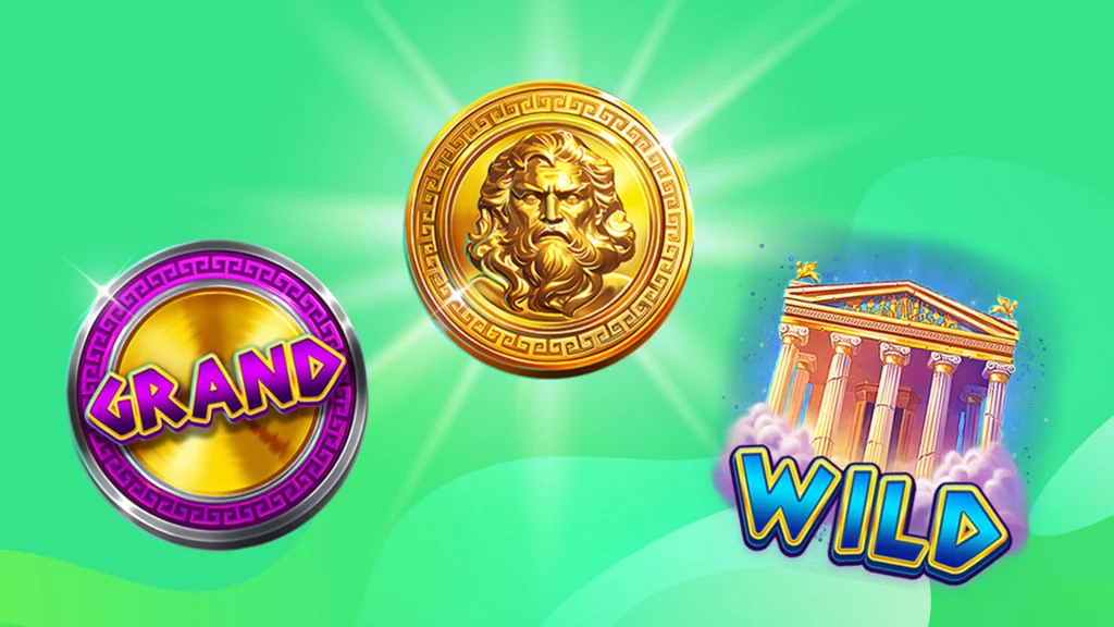 Three symbols of Grand, Zeus, and a Wild temple are lined up on a mint green background.