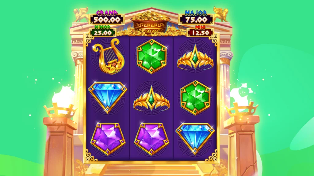 A 3x3 slot grid showing gems and jewels is in motion on a mint-green background, flanked by two pillars with white fire.
