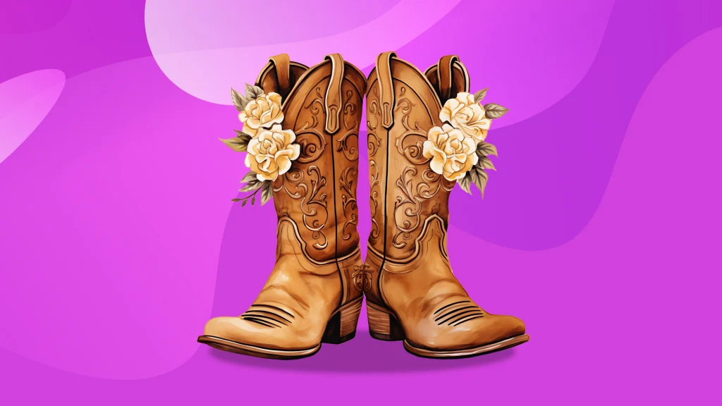 Brown cowboy boots have two yellow roses each poking out the top, displayed on a purple background.