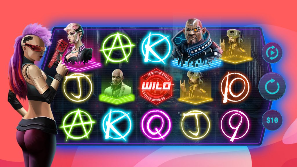 The Cyberpunk City slot game is in action on a pink background, with a female cyborg holding a gun ot its left.