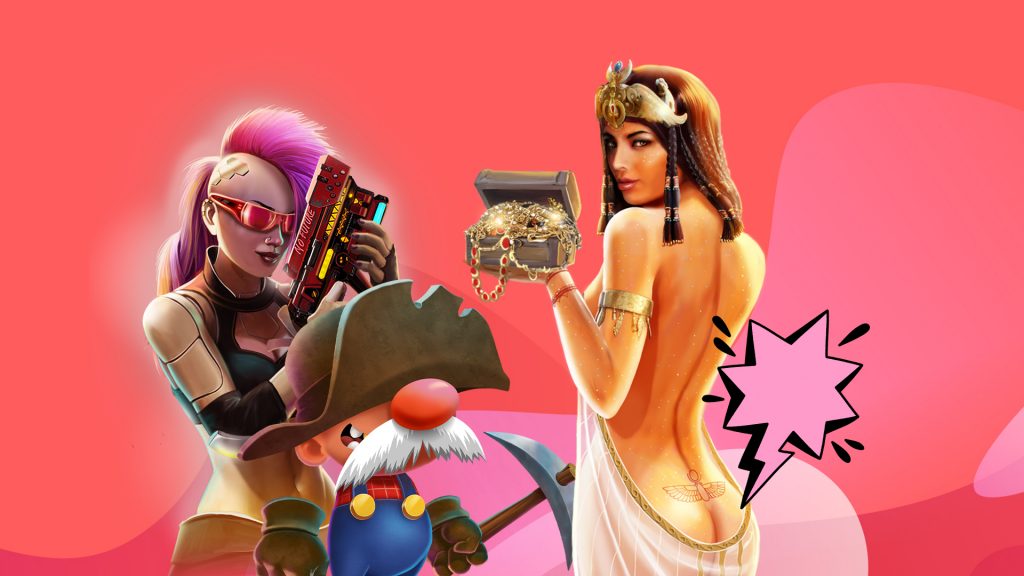 In a pink image, the pharaoh Cleo stands seductively to the right of a pink-mohawked cyborg, and in front of each of them is a short, bushy-mustached prospector holding a pickaxe.