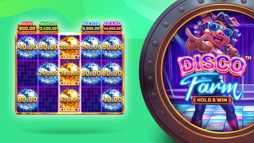 The game called Disco Farm is demonstrating its hold and win game, while a pig dressed in disco attire dances within a vault door, and the game’s name is displayed in neon lights.