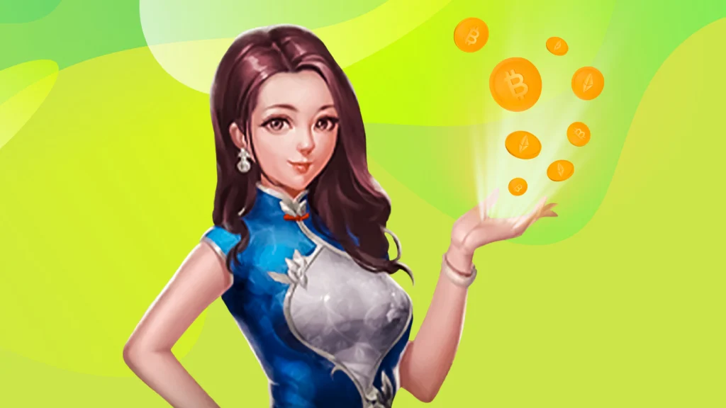 A woman is holding up her hand with gold Bitcoins illuminated above it, and it’s all on a lime green background.