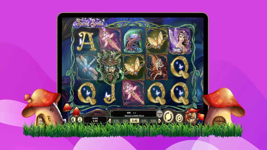 The reels of the SlotsLV online slot, Faerie Spells, on a tablet, positioned on top of a green fantasy setting which features red toadstools.