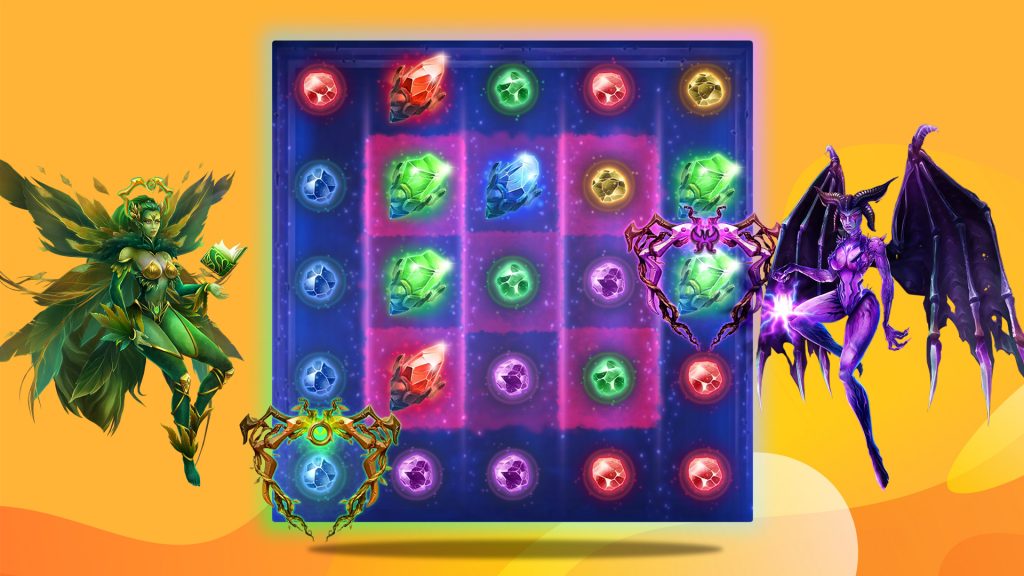 Fantasy-themed slot game screen featuring colorful gem symbols with a green forest fairy on the left and a purple demoness on the right, set against a bright yellow background.