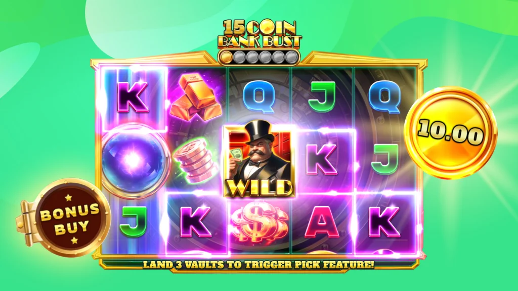 The slot game is in action over a lime green background, with the “Bonus Buy” button to the left and a “10.00” coin to the right.