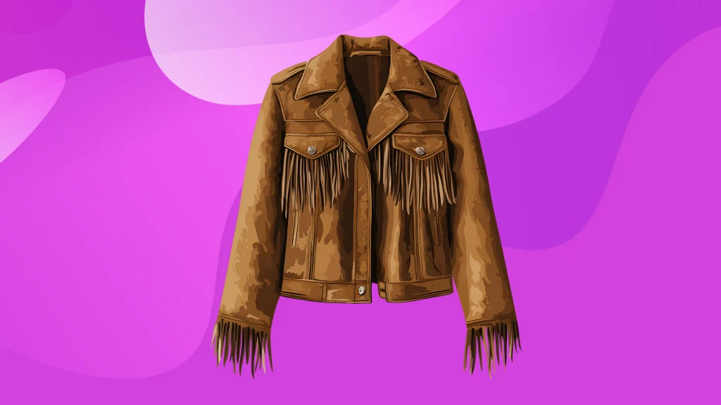On a purple background, a fringed brown jacket is displayed.