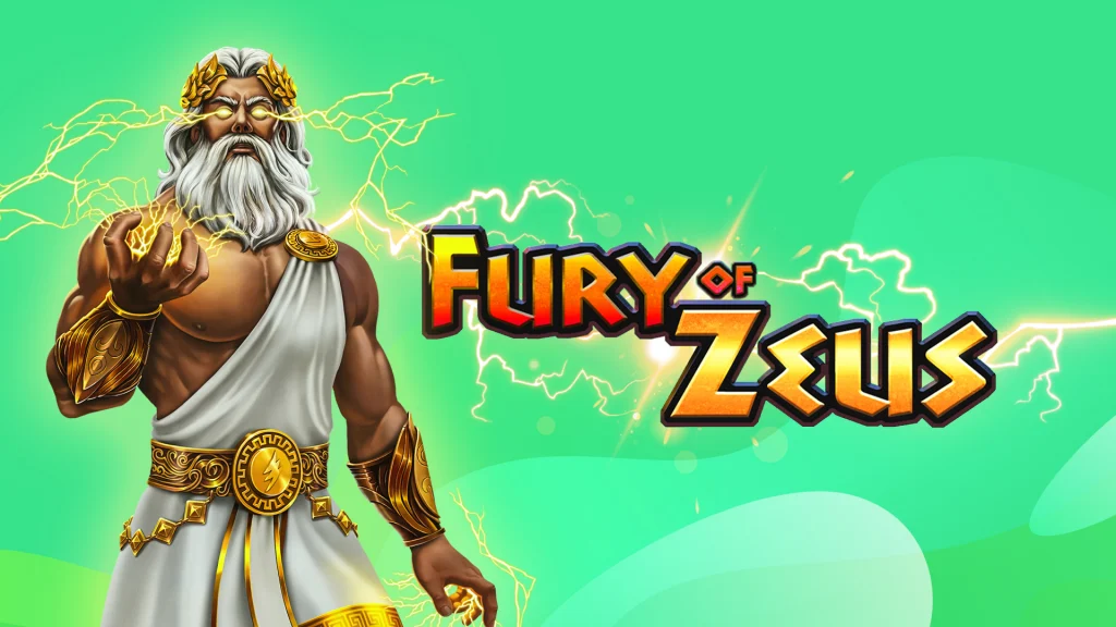 Zeus is dressed in white robes and a gold belt and armor. He has lightning bolts coming out of his eyes, and he holds it in his right palm. The lightning extends to orange and gold text that reads, “Fury of Zeus.”