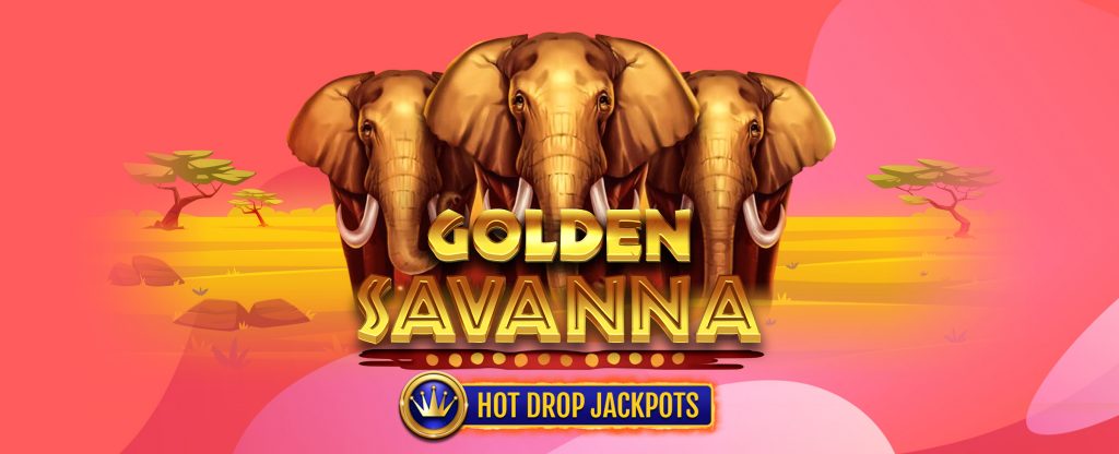 We see three 3D-illustrated elephants huddled together with a desert behind them. Overlaid is the SlotsLV slots game logo from Golden Savanna Hot Drop Jackpots, while in the distance is a multi-toned pink abstract background.