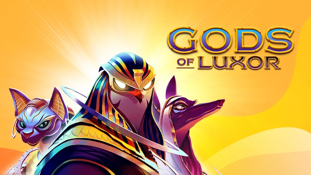 Egyptian gods Horus, Anubis, and Bastet are on the bottom left of a golden background and the words ‘Gods of Luxor’ are on the top right.