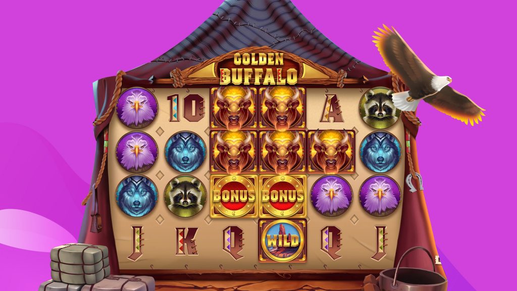On a purple background, a 6x4 slot screen is action with the game Golden Buffalo.