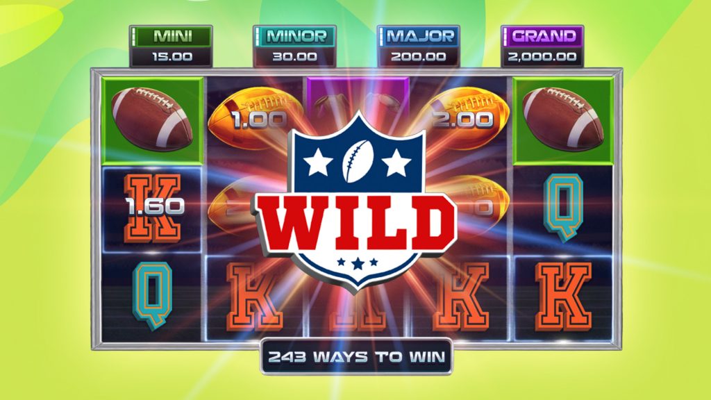 The Golden End Zone slot is shown in action on a lime green background.