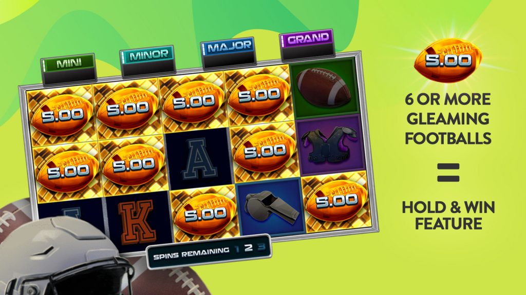 A lime green image shows the 5x3 Golden End Zone slot in action, pointing out that you need six gleaming football symbols to trigger the hold and win feature.