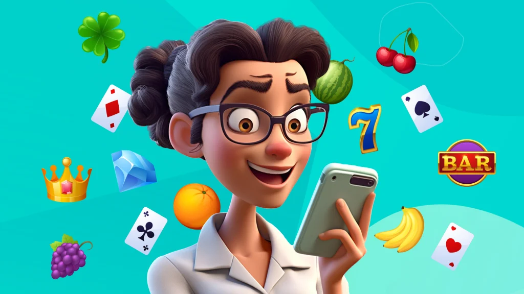 A cartoon woman glances at her phone, surrounded by slot game icons, against an aqua background.