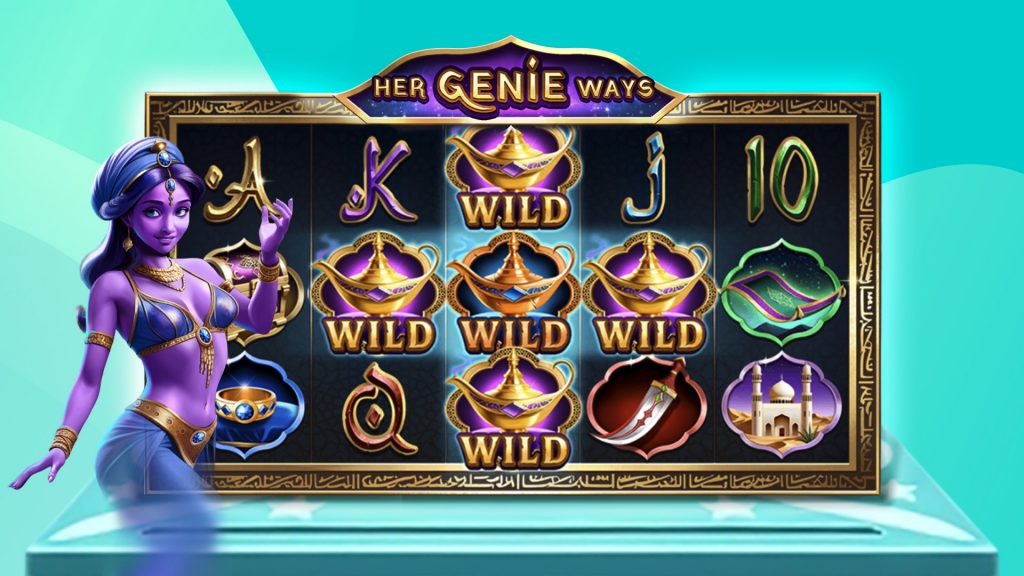 There’s a purple genie to the left of a slot game called “Her Genie Ways.” They’re both shown on a teal background.