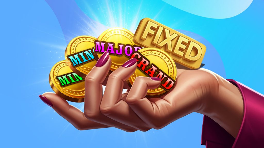 Mini, Minor, Major, and Grand coins with a gold bar saying “Fixed” rest in a lady’s hand on a blue background.