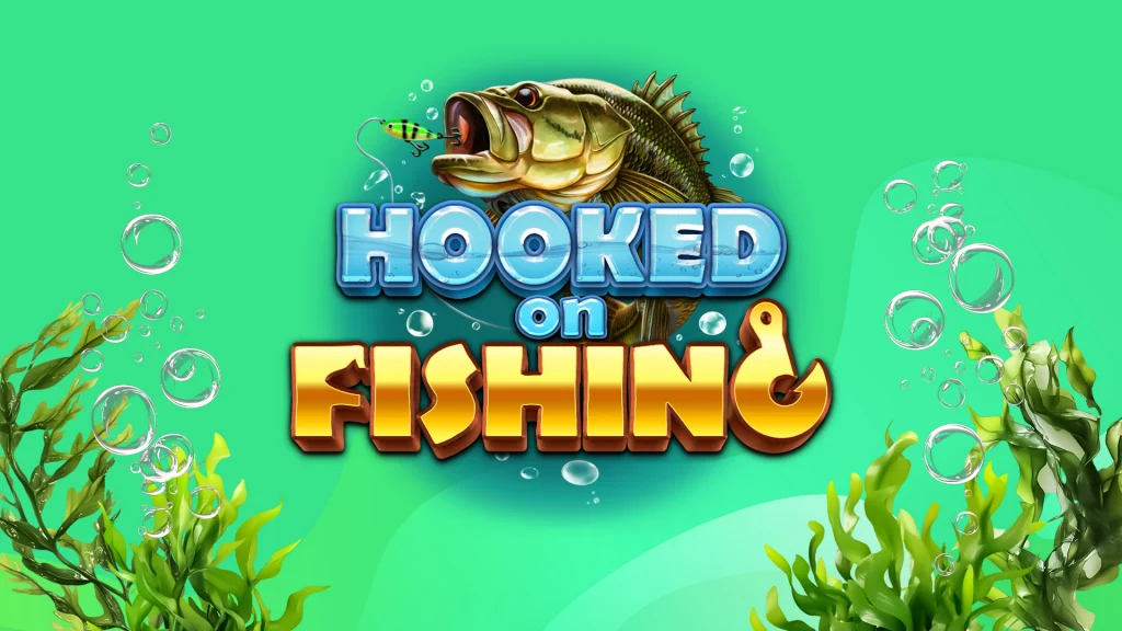On a light green background, a fish is about to bite bait. Seaweed and bubbles are on the right and left, and blue and yellow text say, “Hooked on Fishing.”