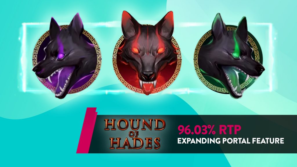 The three heads of Cerebus glow in purple, red, and green over a teal background, and below it a banner says, “Hound of Hades” along with 96.03% RTP and the “expanding portal feature.”