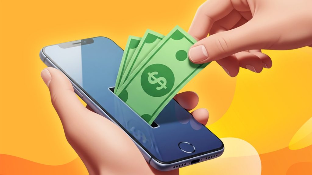 In a yellow-gold image, a hand extracts three dollar bills from a mobile phone, shown on a yellow-gold background.
