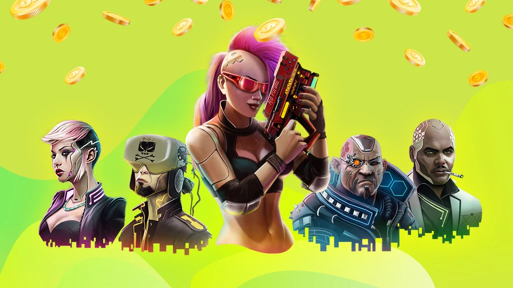 There’s a lime-green background and characters from a cyberworld standing in a line with gold coins above them.