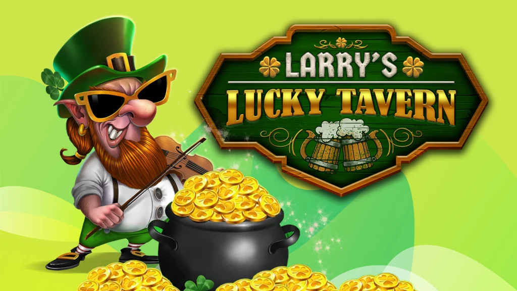 A traditional Irish leprechaun is playing the fiddle standing next to a pot filled with gold coins, beside him is the logo for the SlotsLV online slot, Larry’s Lucky Tavern.