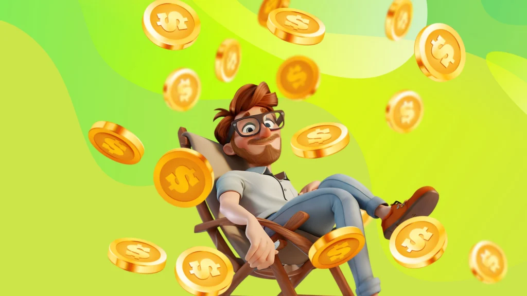 A man casually lounges back in a chair on a bright green background with gold coins floating around him.