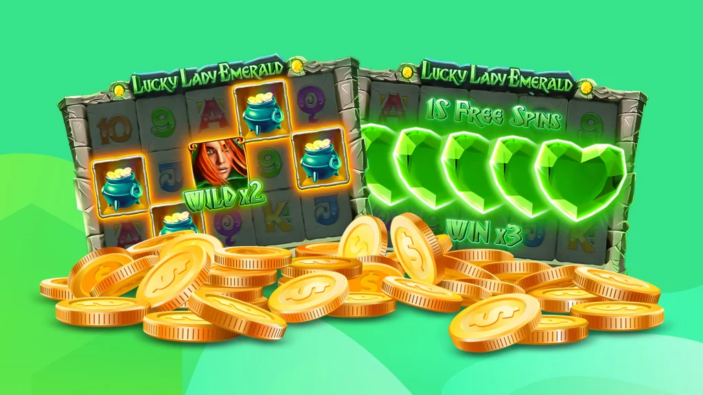 There’s a green background showing two slot screens with features next to each other and a pile of gold coins in front of them.